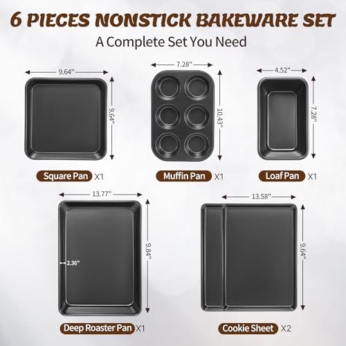 Baking Pans Set, Nonstick Bakeware Sets, Oven Pans for Cooking, AIVIKI 6 Pieces Baking Sheets Set Including Cookie Sheet, Deep Roaster Pan, Square Pan, Loaf Pan, Muffin Pan, Carbon Steel Baking Set - Image 2