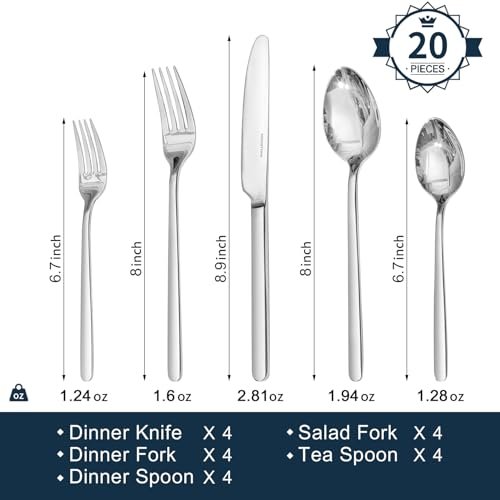 KINGSTONE Silverware Set, 20 Piece Flatware Cutlery Set for 4, 18/10 Stainless Steel Silverware Mirror Polished Dishwasher Safe for Home, Restaurant, Wedding, Party(Silver, 20 pieces for 4) - Image 4
