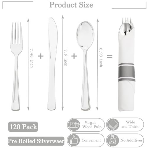 Supernal 120 Pack Silver Plastic Silverware Wrapped Cutlery Set with Napkin - Image 2