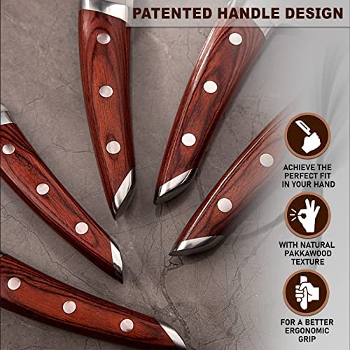 Brewin CHEFILOSOPHI Japanese Chef Knife Set 5 PCS with Elegant Red Pakkawood Handle Ergonomic Design,Professional Ultra Sharp Kitchen Knives for Cooking High Carbon Stainless Steel - Image 4