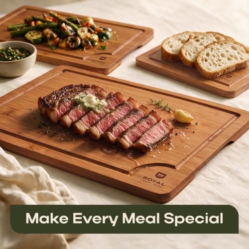 ROYAL CRAFT WOOD Wooden Cutting Boards for Kitchen Appliances - Non Toxic Bamboo Wood Cutting Board Set with Deep Juice Groove, Side Handles, Charcuterie & Butcher Block for Meat, Meal Prep & Serving - Image 3