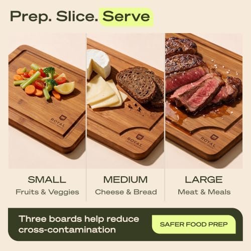 ROYAL CRAFT WOOD Wooden Cutting Boards for Kitchen Appliances - Non Toxic Bamboo Wood Cutting Board Set with Deep Juice Groove, Side Handles, Charcuterie & Butcher Block for Meat, Meal Prep & Serving - Image 5