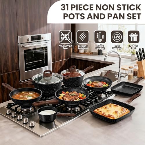 Pots and Pans Set Non Stick, 31 Piece Kitchen Induction Cookware & Bakeware Set, Nonstick Kitchen Cooking Pans Set with Frying Pans Set Grill Pan Saucepan Baking Sheet & Utensils, PFOA Free - Image 5
