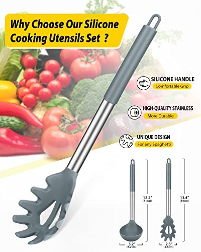 BUNDLEPRO Silicone Soup Ladle and Pasta Spoon Set, 2 Pack, Gray - Image 2