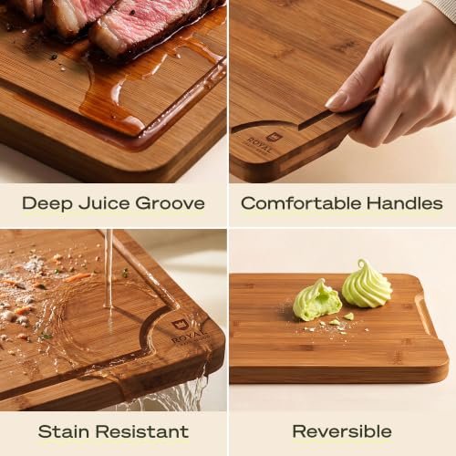 ROYAL CRAFT WOOD Wooden Cutting Boards for Kitchen Appliances - Non Toxic Bamboo Wood Cutting Board Set with Deep Juice Groove, Side Handles, Charcuterie & Butcher Block for Meat, Meal Prep & Serving - Image 4
