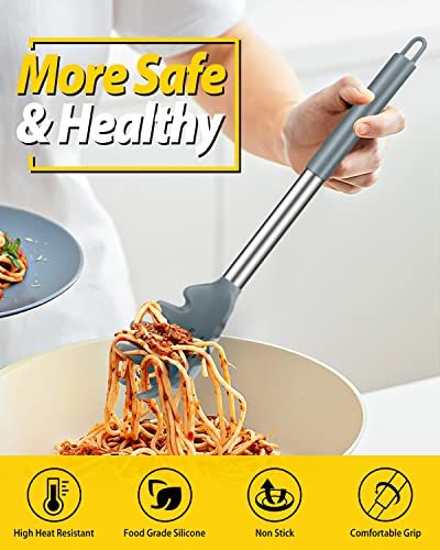 BUNDLEPRO Silicone Soup Ladle and Pasta Spoon Set, 2 Pack, Gray - Image 3