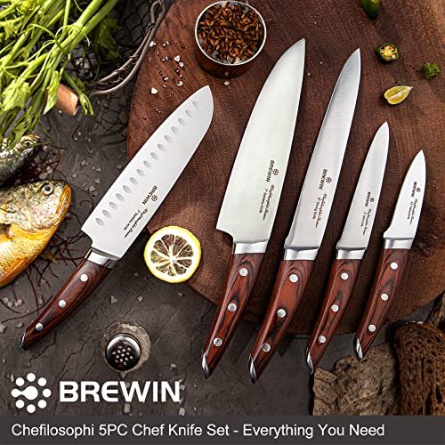 Brewin CHEFILOSOPHI Japanese Chef Knife Set 5 PCS with Elegant Red Pakkawood Handle Ergonomic Design,Professional Ultra Sharp Kitchen Knives for Cooking High Carbon Stainless Steel - Image 2